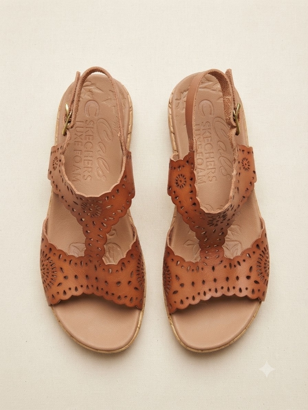 Skechers Tan/Brown Laser-Cut Leather Slingback Sandals